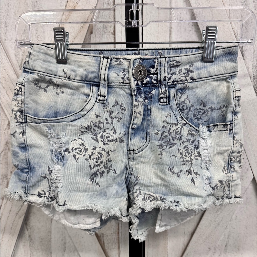 Guess Blue and Gray Jean Shorts with Distressed Hem